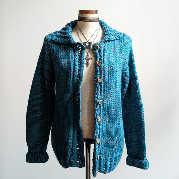 Vintage Blue Teal Chunky Knit Cardigan Cute Grannycore Cottagecore Sweater Small - Picture 8 of 9
